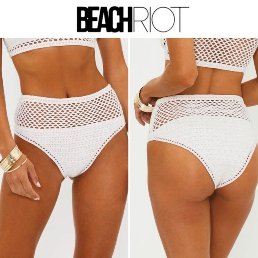 Beach Riot Brinley High Waist Open Knit Bikini Bottoms in White sz M NWT 98$